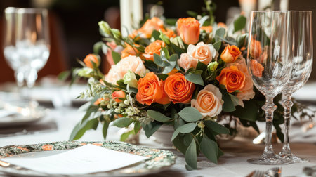 A traditional bouquet of orange roses with subtle green accents, styled for a formal eventの素材