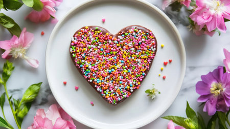 A sweet Valentine chocolate idea with a heart-shaped chocolate bark covered in colorful sprinkles, placed on a white plate surrounded by fresh flowersの素材