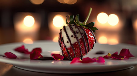 A Valentine chocolate strawberry with a drizzle of dark and white chocolate, surrounded by rose petals, on a clean white plate with romantic candlelight in the backgroundの素材