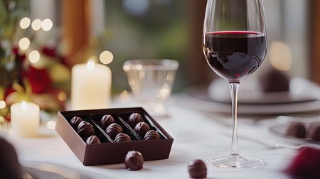 A Valentine chocolate box placed next to a glass of red wine, with chocolate truffles peeking out and a romantic table settingの素材