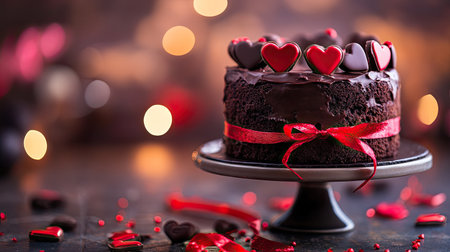 A Valentine chocolate cake on a beautiful cake stand, decorated with chocolate hearts and a ribbon, surrounded by soft-focus lighting and romantic dcorの素材