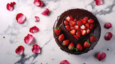 A Valentine chocolate cake with a heart-shaped topping made of ganache, decorated with fresh strawberries and rose petals, set on a marble countertopの素材