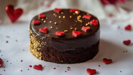 A Valentine chocolate cake with a smooth dark chocolate coating, decorated with gold dust and red heart-shaped sprinkles, set on a white tableclothの素材