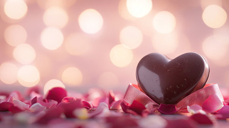 A Valentine chocolate heart with a ribbon, surrounded by rose petals and romantic decor, set against a soft bokeh backgroundの素材