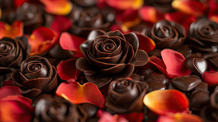 A close-up of a Valentine chocolate bouquet with chocolate roses arranged artistically, surrounded by petals and soft ambient lightingの素材