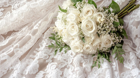 A classic bridal bouquet of white roses with delicate greenery, lying on a lace fabricの素材