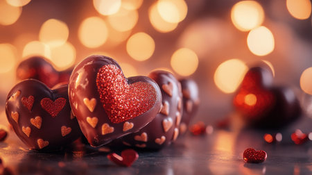 A close-up of Valentine chocolate strawberries, each dipped in glossy chocolate and decorated with heart-shaped designs, placed on a romantic dinner tableの素材