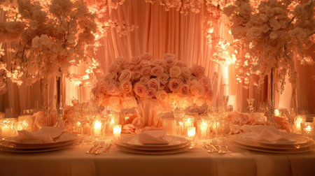 A romantic dinner setup featuring artificial pink roses as the centerpiece, surrounded by candles and soft fabricsの素材