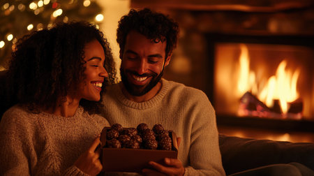 A couple enjoying a Valentine chocolate gift together on a cozy couch, sharing truffles and smiling in front of a softly lit fireplaceの素材