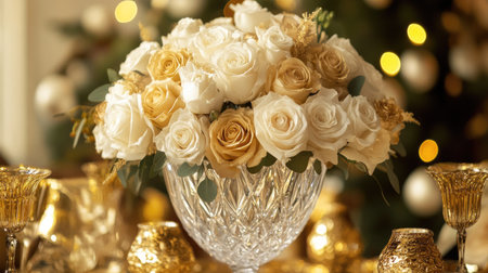 A luxury arrangement of white and gold-tinted roses in a crystal vase, surrounded by golden accentsの素材