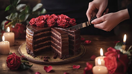 A person cutting a Valentine chocolate cake, revealing rich layers of chocolate, surrounded by soft-focus candles and fresh red rosesの素材