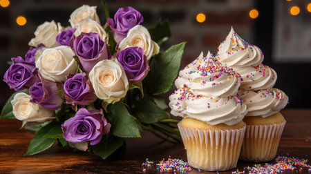 A fresh bouquet of lavender and cream roses placed next to a stack of birthday cupcakes with sprinklesの素材