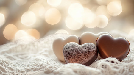 A collection of milk and dark chocolate hearts, arranged on a delicate lace napkin with a soft-focus bokeh in the backgroundの素材