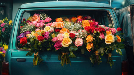 A florist's van filled with colorful rose bouquets ready for delivery to various destinationsの素材