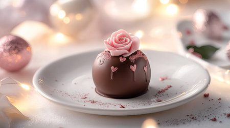 A Valentine chocolate truffle with a delicate pink rose design on top, placed on a clean white plate, surrounded by love-themed decorations and soft lightingの素材