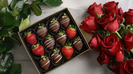 A Valentine chocolate strawberry gift box with an assortment of chocolate-dipped strawberries, wrapped in elegant packaging, placed beside red rosesの素材
