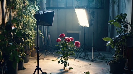 A photography setup of a photographer capturing a rose bouquet in a studio with professional lighting and propsの素材