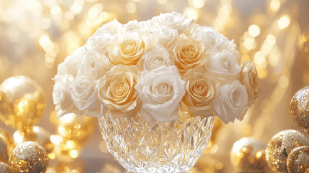 A luxury arrangement of white and gold-tinted roses in a crystal vase, surrounded by golden accentsの素材