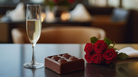 A sweet Valentine chocolate gift placed next to a glass of champagne and a small bouquet of red roses, styled on a romantic dinner tableの素材