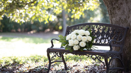 A vibrant outdoor scene with a bouquet of white roses placed on a vintage iron bench under a treeの素材