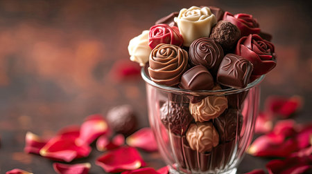 A Valentine chocolate bouquet in a clear glass vase, with chocolates shaped like roses and small truffles, surrounded by soft-focus rose petalsの素材