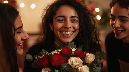 A smiling woman receiving a bouquet of red and white roses as a birthday gift, surrounded by friendsの素材