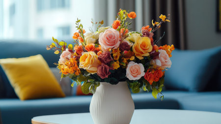 A vibrant artificial rose bouquet arranged in a sleek white vase, placed on a modern coffee tableの素材