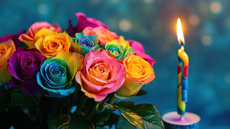 A vibrant bouquet of rainbow-colored roses next to a lit birthday candle in the shape of a numberの素材