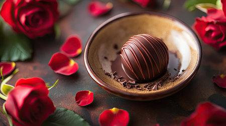 A Valentine chocolate truffle with a glossy ganache center, placed on a delicate ceramic dish, surrounded by roses and soft, warm lightingの素材