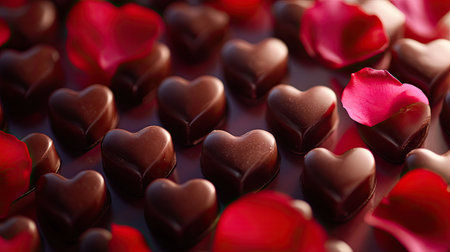 A top-down view of multiple chocolate hearts arranged in a pattern, with red rose petals and soft bokeh lighting in the backgroundの素材