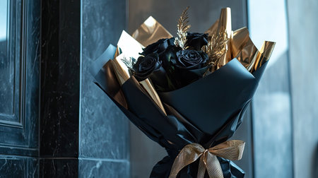 A luxury rose bouquet wrapped in black and gold packaging being delivered to a high-rise apartmentの素材