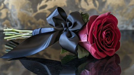 A single rose bouquet in classic crimson, tied with a black satin bow and placed on a reflective surfaceの素材