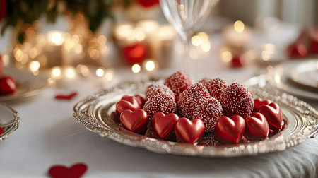A romantic table setting with Valentine chocolate strawberries on a silver platter, decorated with heart-shaped sprinkles, set against a backdrop of soft lightingの素材