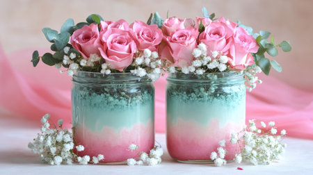 A whimsical bouquet of pink roses and baby's breath, arranged in a transparent jarの素材