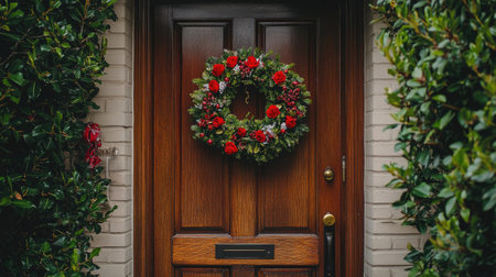 A home entrance with an artificial rose wreath hanging on the door, creating a welcoming atmosphereの素材