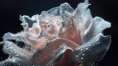 A macro photograph of a single rose from a bouquet, showing intricate details of the petals and water dropletsの素材