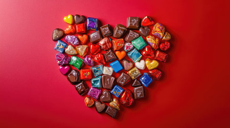A variety of Valentine's Day chocolates, with colorful wrappers, arranged in a heart shape on a red backgroundの素材