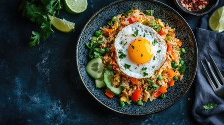 A vibrant plate of fried rice topped with a perfectly fried egg, fresh vegetables, and herbs, ideal for any meal. Enjoy this colorful and tasty dish!の素材