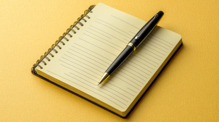 An open lined notebook placed flat with a sleek pen on a vibrant yellow background, perfect for creative projects, note-taking, or idea sketching.の素材