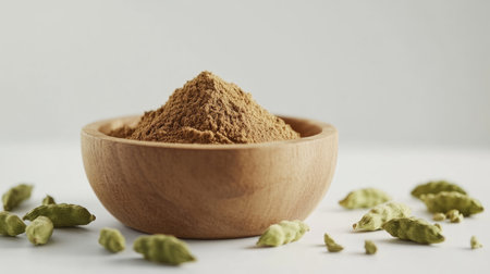 A beautifully styled wooden bowl filled with aromatic spice powder, surrounded by dried spice pods, showcasing a clean and minimalist design.の素材