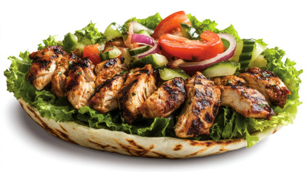 This close-up image showcases a delicious chicken shawarma wrap, filled with fresh lettuce, tomatoes, and cucumbers, perfect for a healthy meal.の素材