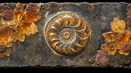A captivating close-up view of a beautifully preserved ammonite fossil in stone, showcasing intricate textures and patterns that reveal ancient history.の素材
