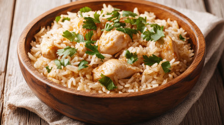 This vibrant chicken biryani is served in a rustic bowl, topped with fresh parsley. Perfect for dinner, this dish is flavorful and inviting.の素材