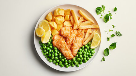 Enjoy a beautifully styled plate featuring classic fried fish, golden fries, and vibrant green peas, perfect for any meal or occasion.の素材