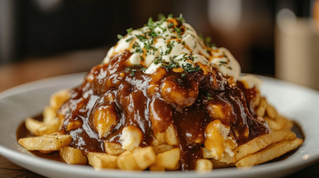 A close-up shot of a delicious poutine dish featuring crispy fries topped with rich gravy, cheese curds, and fresh herbs. Perfect for food lovers.の素材