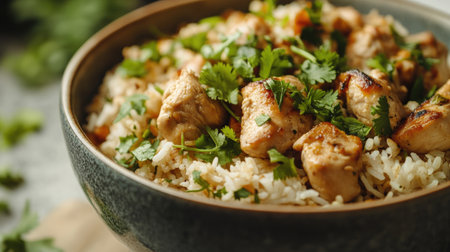 Enjoy a vibrant bowl of Indian chicken biryani, featuring tender chicken pieces garnished with fresh herbs atop a flavorful rice base. Perfect for any meal.の素材