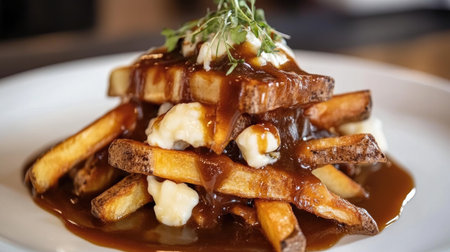 A close-up view of delicious poutine featuring crispy french fries topped with creamy cheese and rich gravy, elegantly arranged on a white plate.の素材