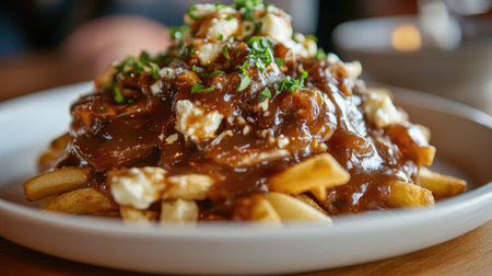 A mouthwatering close-up image showcasing a plate of poutine, featuring crispy fries topped with rich gravy and cheese curds, perfect for food lovers.の素材