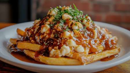 Enjoy a close-up view of delicious poutine served on a white plate, featuring golden fries topped with warm gravy and cheese curds, garnished with herbs.の素材