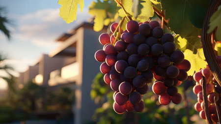 A close-up view of ripe red and purple grapes hanging on a vine. The soft sunlight illuminates the fruit, highlighting its freshness and vibrancy. Perfect for food and nature themes.の素材
